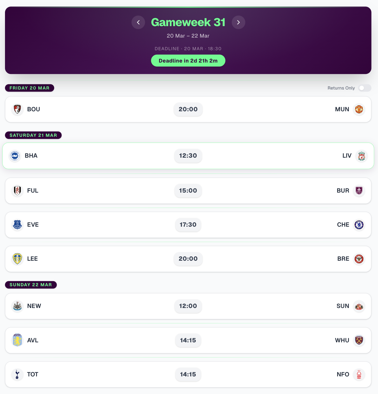 FPL GW31 Fixtures