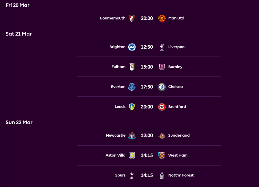 FPL GW31 Fixtures