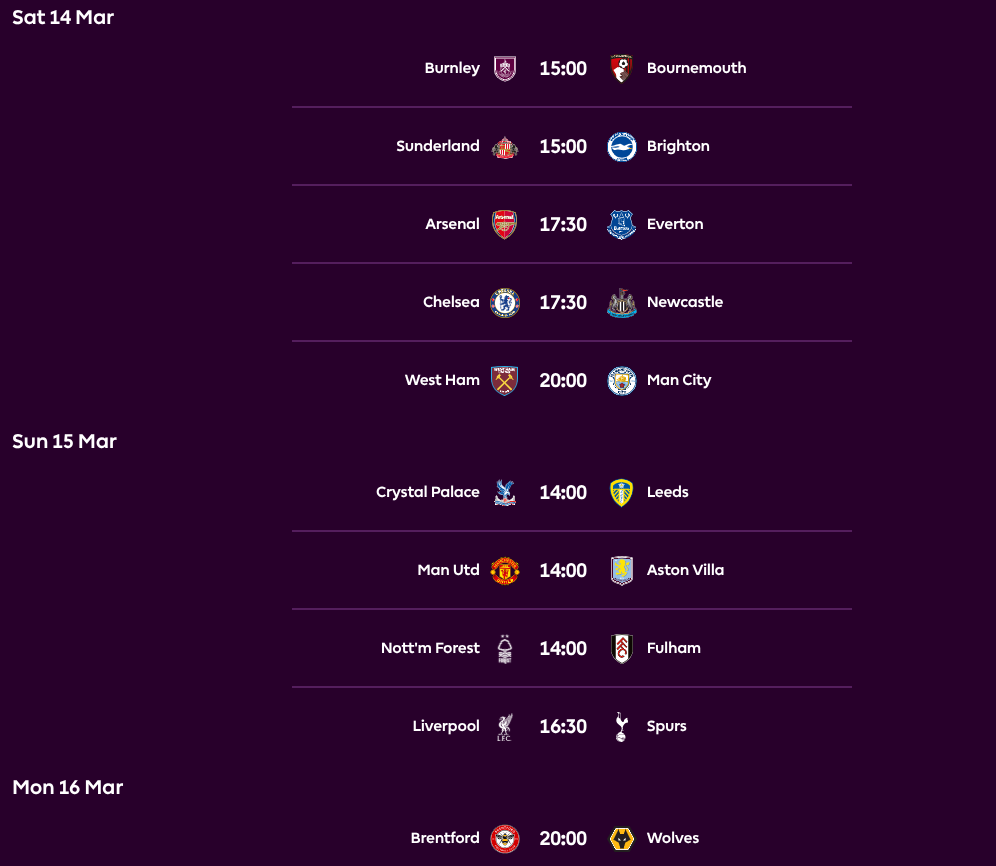 FPL GW30 Fixtures