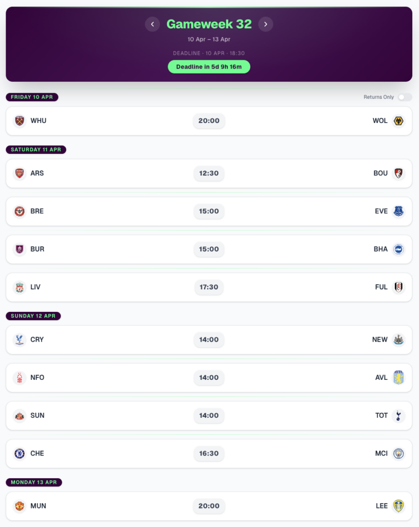 FPL GW32 Fixtures
