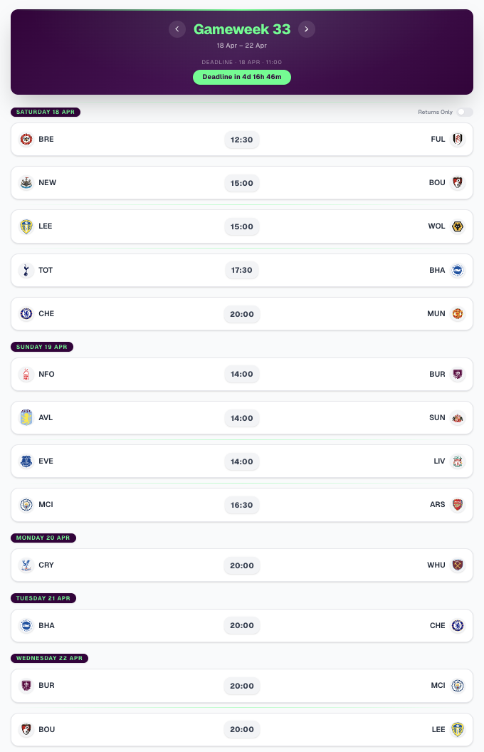 FPL GW33 Fixtures
