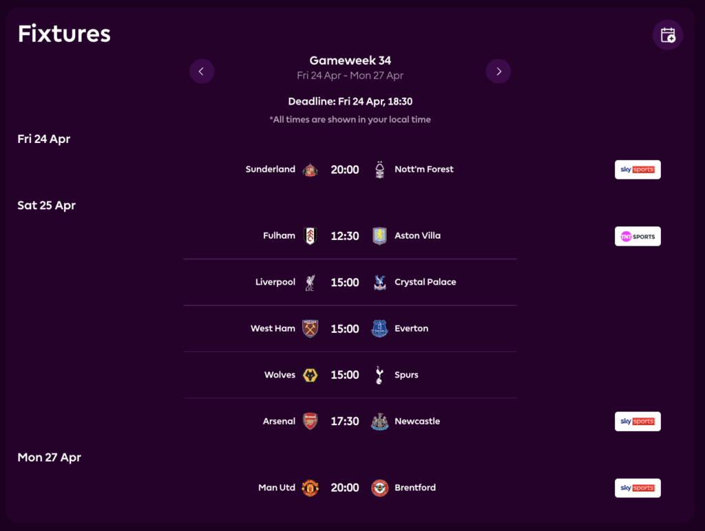 FPL GW34 Fixtures