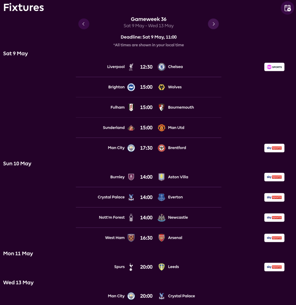 Jadwal Pertandingan FPL GW36