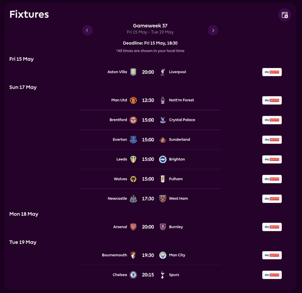 Jadwal Pertandingan FPL GW37