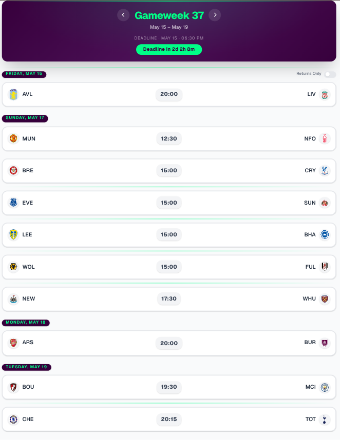 fpl gw37 fixtures