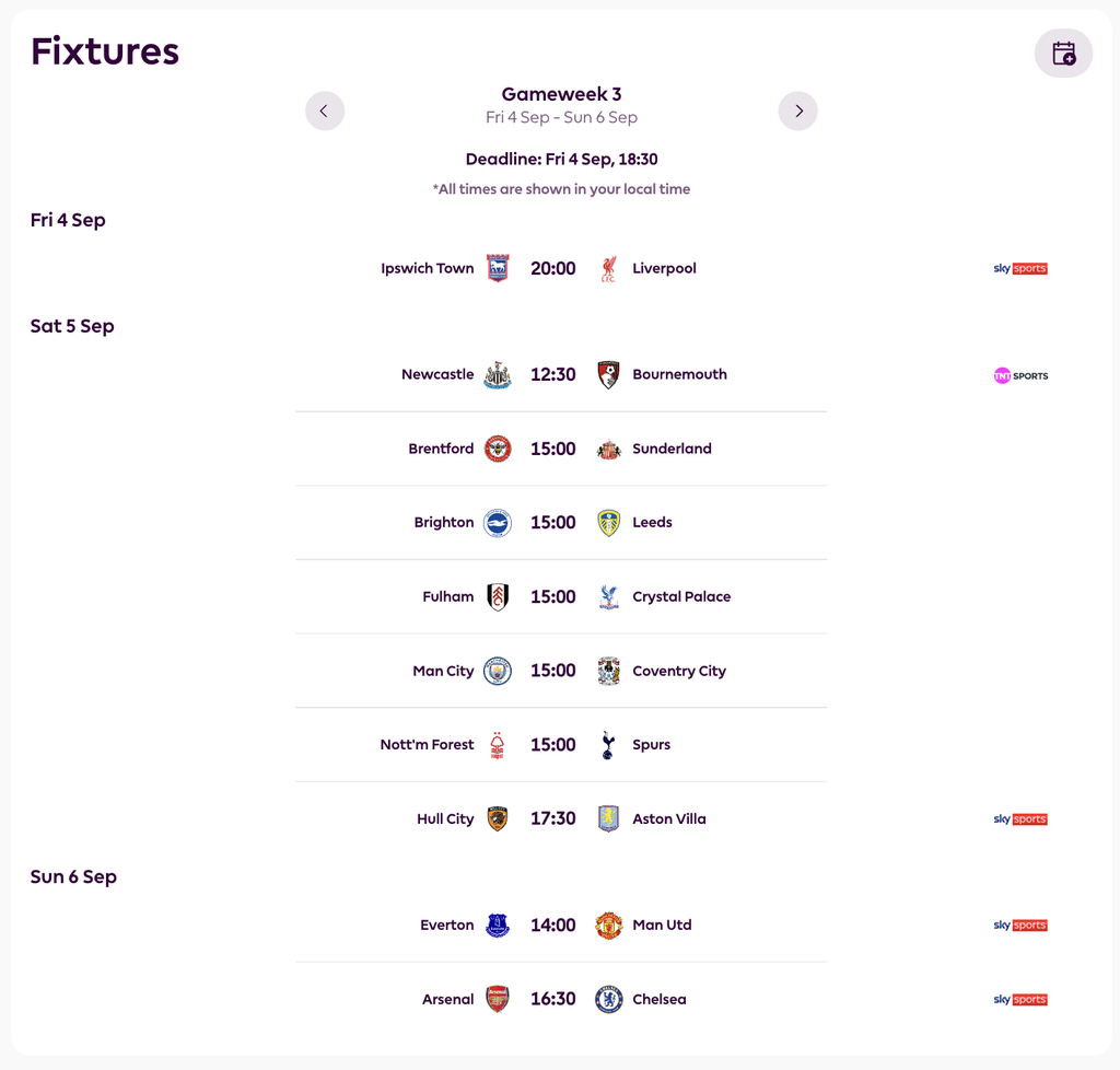 FPL GW3 Fixtures