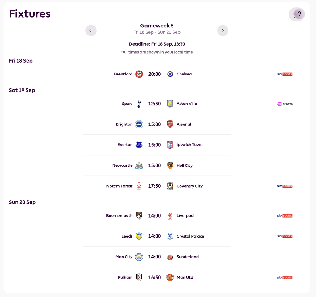 FPL GW5 Fixtures