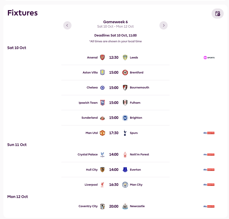 FPL GW6 Fixtures